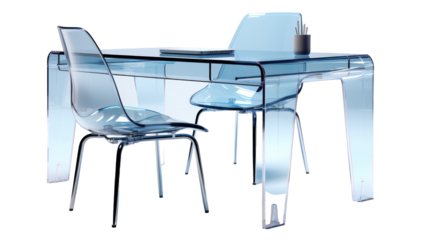 A sleek glass table showcases a laptop between two chairs