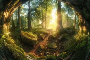 Whispering woods, ancient forest alive with mystical energy, dappled sunlight filtering through the canopy, ethereal aura, moss-covered stones, glowing flora, golden hour, lens flare