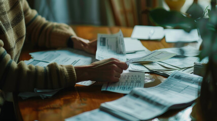 Person sorting through a multitude of bills and financial documents. - obrazy, fototapety, plakaty
