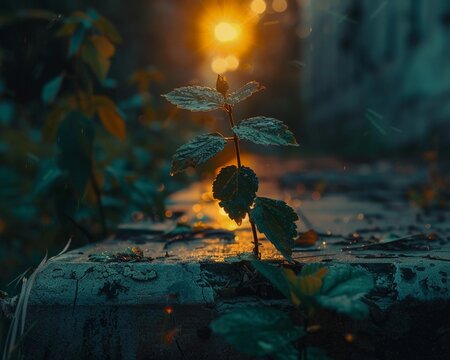 Nature, cracked concrete, mysterious vines, urban landscape overgrown by foliage, post-apocalyptic surroundings, photography, golden hour, depth of field bokeh effect