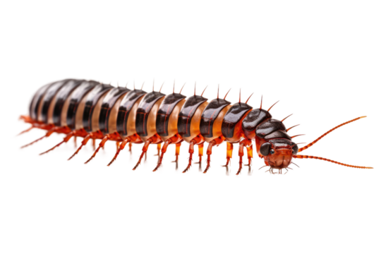 Close Up of a Centipede on White Background. On a White or Clear Surface PNG Transparent Background.