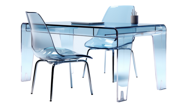 A sleek glass table showcases a laptop between two chairs