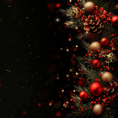 Obraz na płótnie Canvas Christmas card with black background with a space for text. Christmas themed background with red and gold decorations, poinsettia flowers, holly leaves, pine branches, christmas balls, bokeh lights