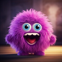 A fluffy ball-shaped surprised purple colored monster screams and waves its arms. Shocked smiley face. Funny children's toy. Facial expression 