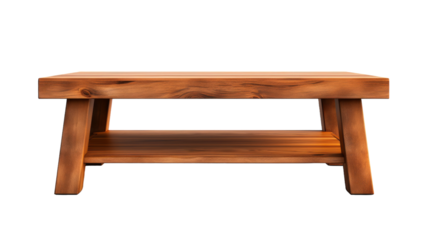 A wooden coffee table rests elegantly on a stark white surface