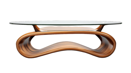 Unique table featuring a glass top and a wooden base standing in an elegant setting