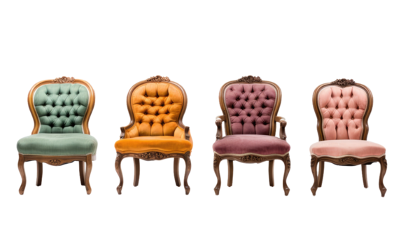 Four Different Colored Chairs in a Row. On a White or Clear Surface PNG Transparent Background.