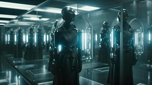 Robots working on futuristic factory. Concept of technology, robotics, artificial intelligence and future.