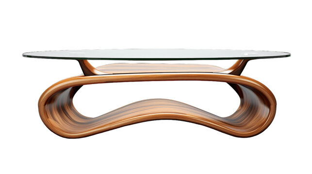 Unique table featuring a glass top and a wooden base standing in an elegant setting