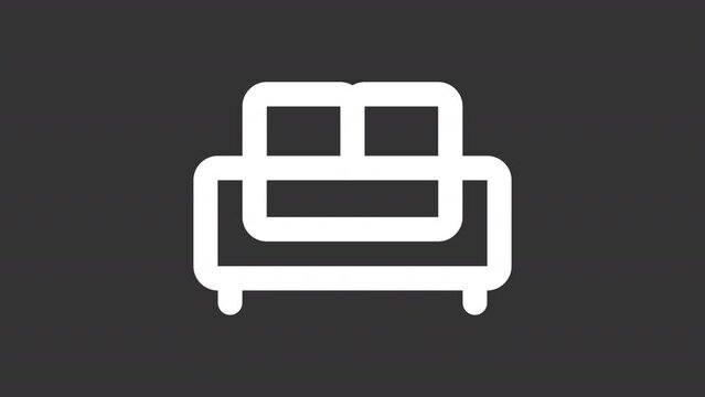 Animated sofa white icon. Couch transforms into chair line animation. Hotel amenities. Sofa and single bed. Isolated illustration on dark background. Transition alpha video. Motion graphic