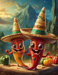cartoon chilli peppers wearing sombreros