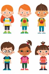 Fototapeta premium Variety of cartoon vector children in colorful outfits. A diverse group of cartoon children standing in row wearing various colorful outfits representing different styles and personalities 