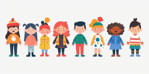 Fototapeta premium Variety of cartoon vector children in colorful outfits. A diverse group of cartoon children standing in row wearing various colorful outfits representing different styles and personalities 