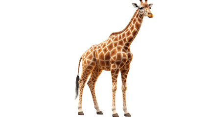 A majestic giraffe gracefully stands in front of a white background, gazing up at the sky
