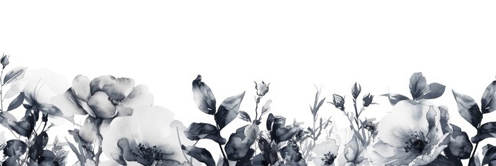 Featuring a monochrome watercolor floral border, this wide-format painting exudes a serene and natural elegance, copy space, black and white flowers on white background