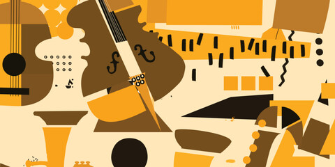 Abstract Music Background, vector illustration. Collage with musical instruments. - 761254060