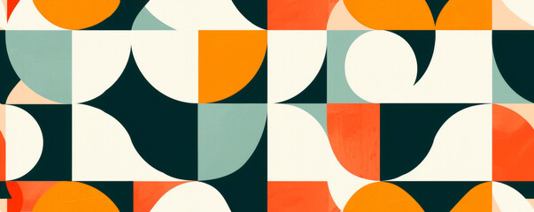 A vibrant composition of swirling orange, green, and white shapes come together in a harmonious...