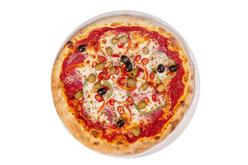 Pizza Diablo Diavolo hot chili peppers on a wooden background top view.