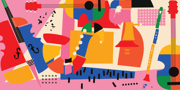 Abstract Music Background, vector illustration. Collage with musical instruments.
