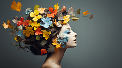 A beautiful woman's head with flowers, leaves and petals flying around her face, in the style of...