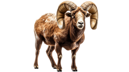 A powerful ram with large horns stands proudly in front of a white background