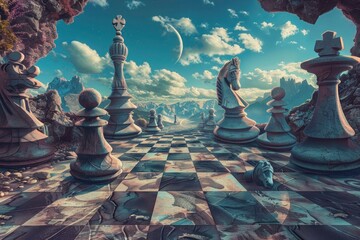 A surreal chessboard extends into a fantasy landscape, a metaphor for strategic thinking and the complexities of decision-making.The combination of chess and the mystical environment 