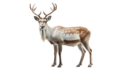 A magnificent deer stands gracefully against a pristine white backdrop