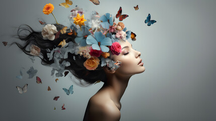A beautiful woman's head with flowers, leaves and petals flying around her face, in the style of surrealism, creative photography, isolated on gray background