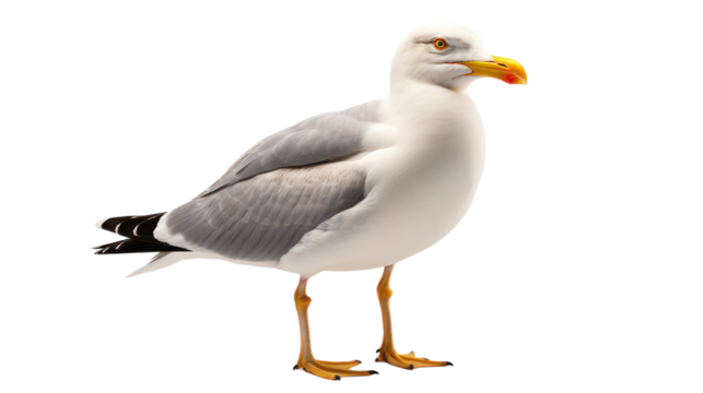 A lone seagull gracefully stands on a pristine white background