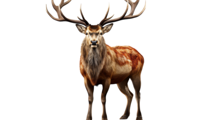 A majestic deer with large antlers stands gracefully against a white backdrop
