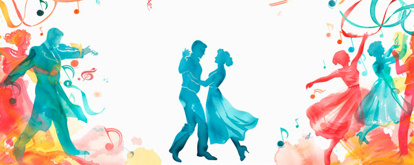 A vibrant painting depicting two people gracefully dancing amidst swirling musical notes. The figures are captured in fluid motion, embodying the harmony between music and dance. Banner. Copy space