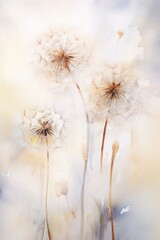 dandelions in watercolor, with soft.beige and pastel tones, offering a delicate and tranquil wall art piece for modern home decor.