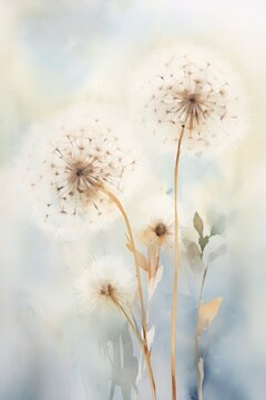background with flowers, watercolor dandelions, This fine art watercolor background captures the organic beauty and minimalist elegance of dandelions, suitable for a soothing room ambiance..