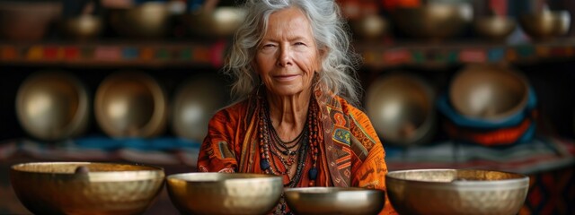middle-aged women with singing bowls.  sound healing, mental health, sound therapy,  wellness,...