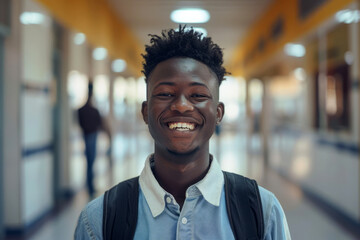 Portrait of a smiling African high school student at school in the hallway facing the camera
