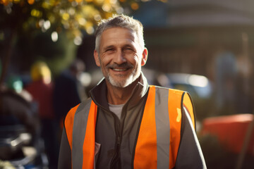 Portrait of a community service volunteer or street worker wearing an orange vest smiling at the camera

