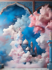 A distinctive Islamic decoration on the wall , blue and pink clouds