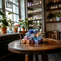 Stack of balls of woolen yarn in various colors like electric blue, rose on wooden table in knitting cafe - 761255259