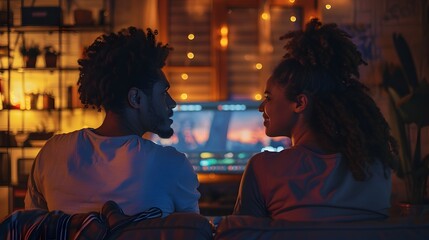 a cozy, intimate virtual date night between a couple. They are shown ordering food and watching movies - obrazy, fototapety, plakaty