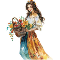 Lady with Flower Basket Watercolor Clipart
