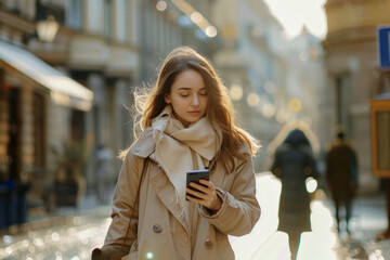 Portrait of a beautiful young woman walking in the city using the phone. in hands
