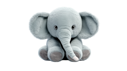 A plush elephant elegantly sits atop a pristine white floor