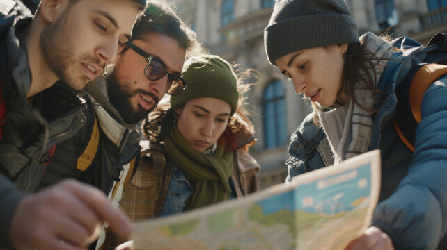 Group of friends navigating with a map on an adventurous urban exploration.