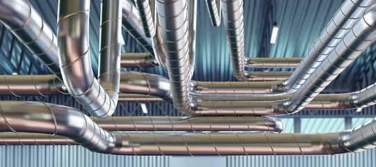 Steel pipes under roof building. Engineering communication. Air supply pipeline. Ventilation pipes...