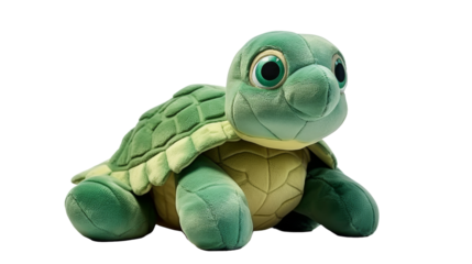 A whimsical green stuffed turtle with oversized eyes, captivating all who gaze upon its charming presence