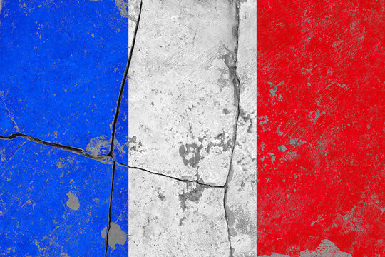 France flag on cracked wall. Collapsing national symbol. Concept of economic destruction France. Stone wall with cracks. Metaphor of political problems in France. Patriotic flag. 3d image