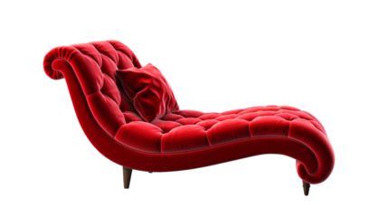 Luxurious red velvet chaise lounge chair resting gracefully on a pristine white background