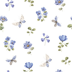 Seamless floral pattern with blue abstract wildflowers and abstract flying butterflies, watercolor isolated illustration, floral print for textile or wallpapers, delicate cute background. - 761256492