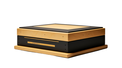A black and gold box rests on a table
