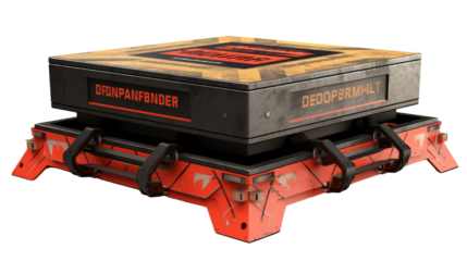 Red and black box perched atop red dolly in striking contrast